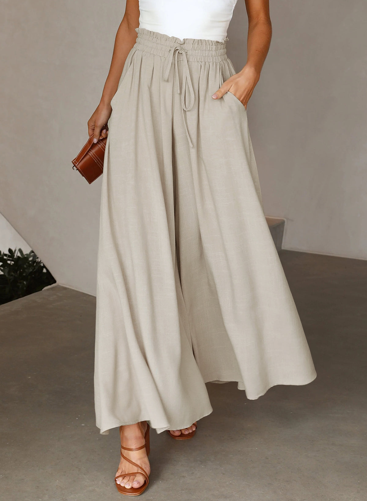 Dokotoo Pants for Women Casual Elastic Waist Wide Leg Pants with Pockets