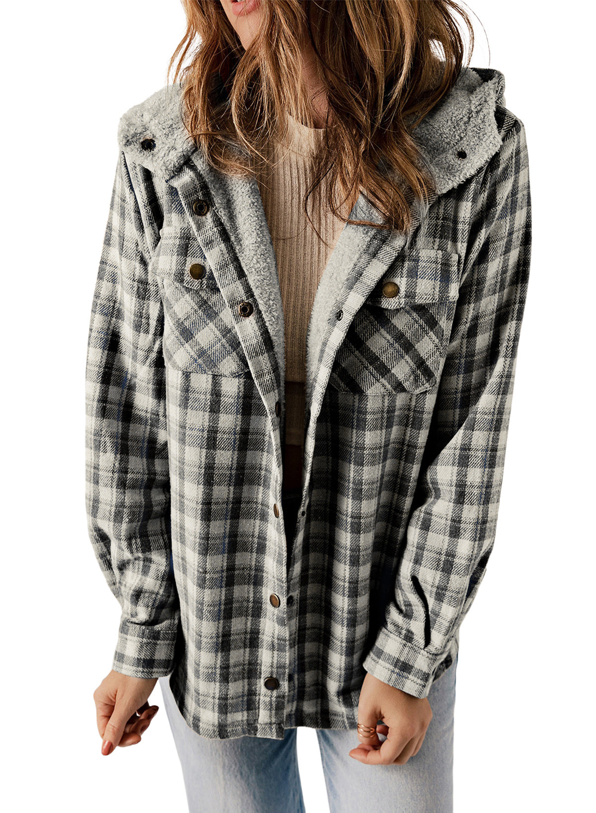 Dokotoo Womens Plaid Shacket Jacket Long Sleeve Button Down Fleece Hooded Jackets Warm Coat