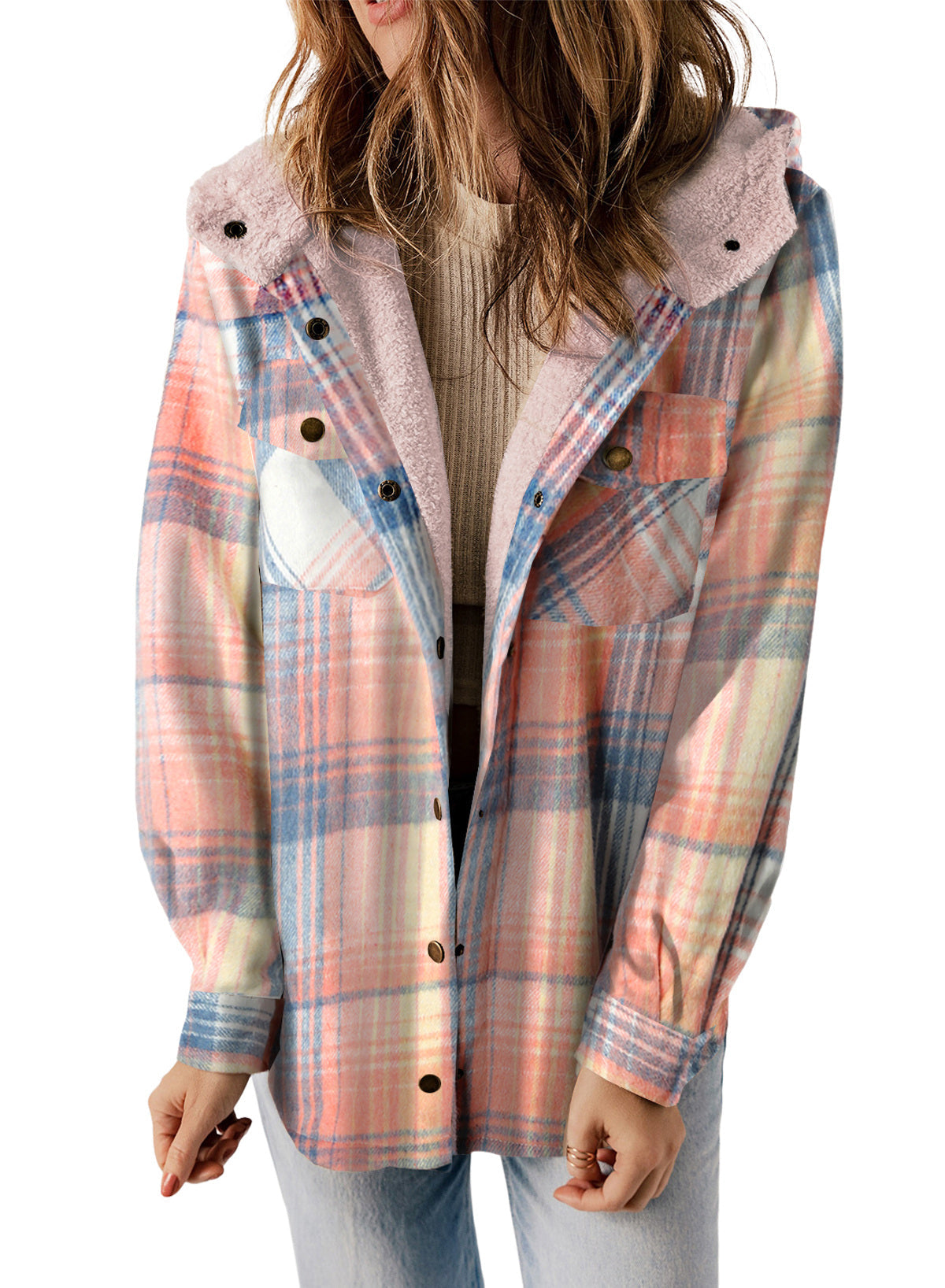 Dokotoo Womens Plaid Shacket Jacket Long Sleeve Button Down Fleece Hooded Jackets Warm Coat