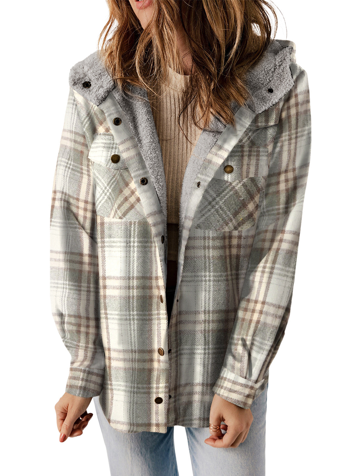 Dokotoo Womens Plaid Shacket Jacket Long Sleeve Button Down Fleece Hooded Jackets Warm Coat