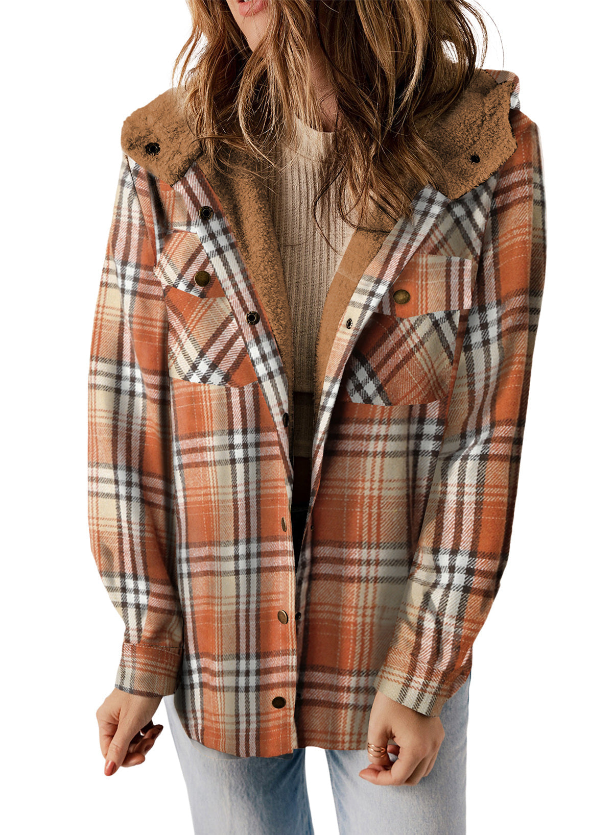 Dokotoo Womens Plaid Shacket Jacket Long Sleeve Button Down Fleece Hooded Jackets Warm Coat