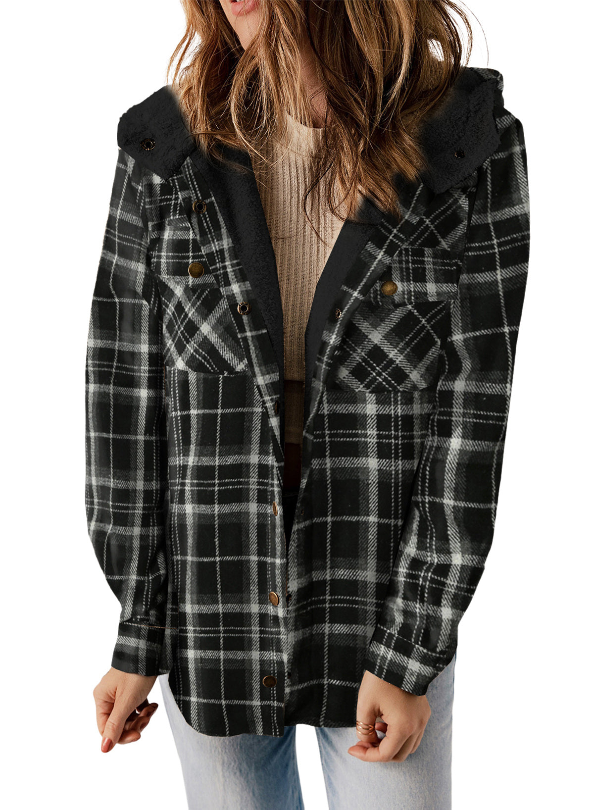 Dokotoo Womens Plaid Shacket Jacket Long Sleeve Button Down Fleece Hooded Jackets Warm Coat