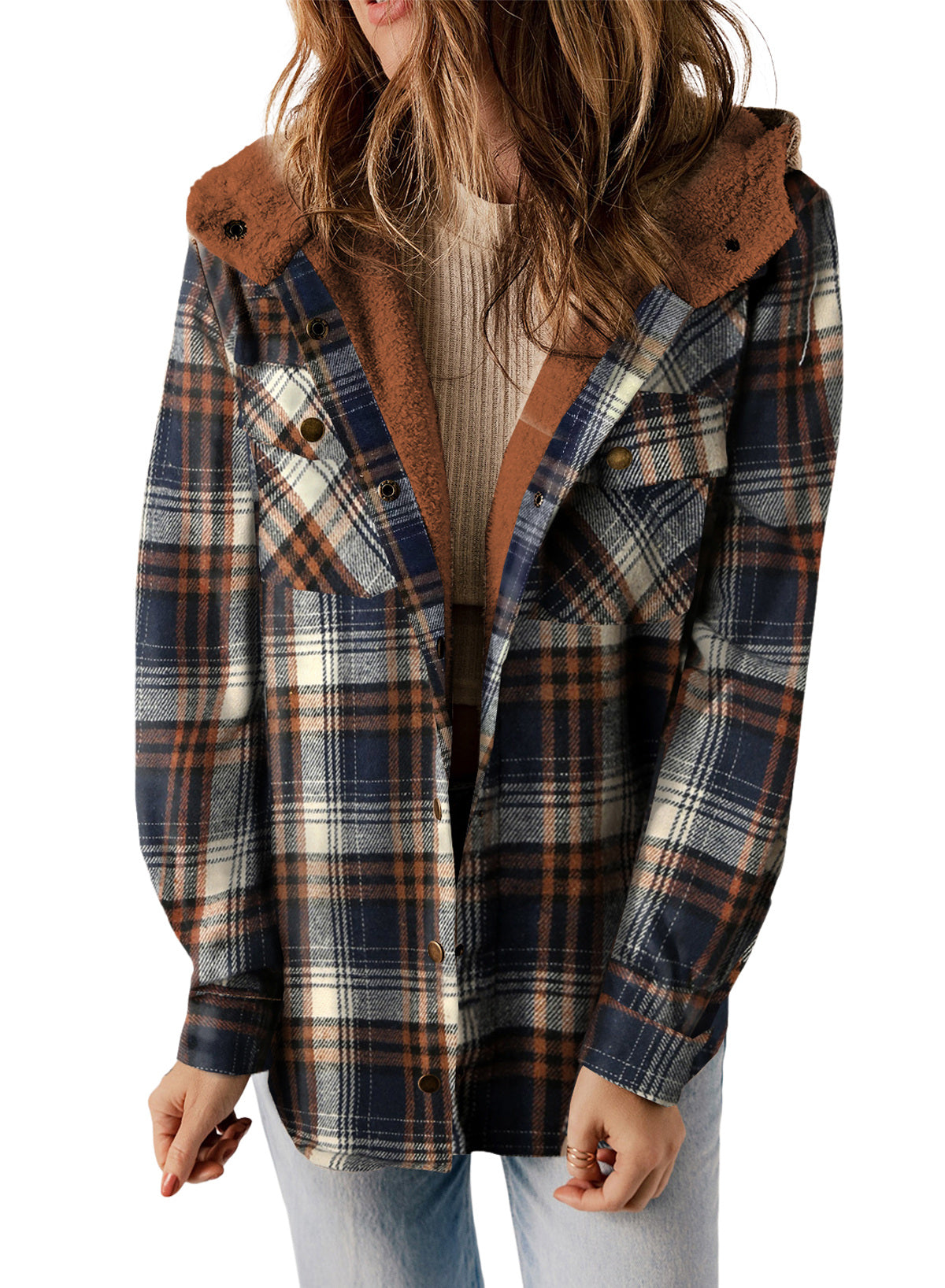Dokotoo Womens Plaid Shacket Jacket Long Sleeve Button Down Fleece Hooded Jackets Warm Coat
