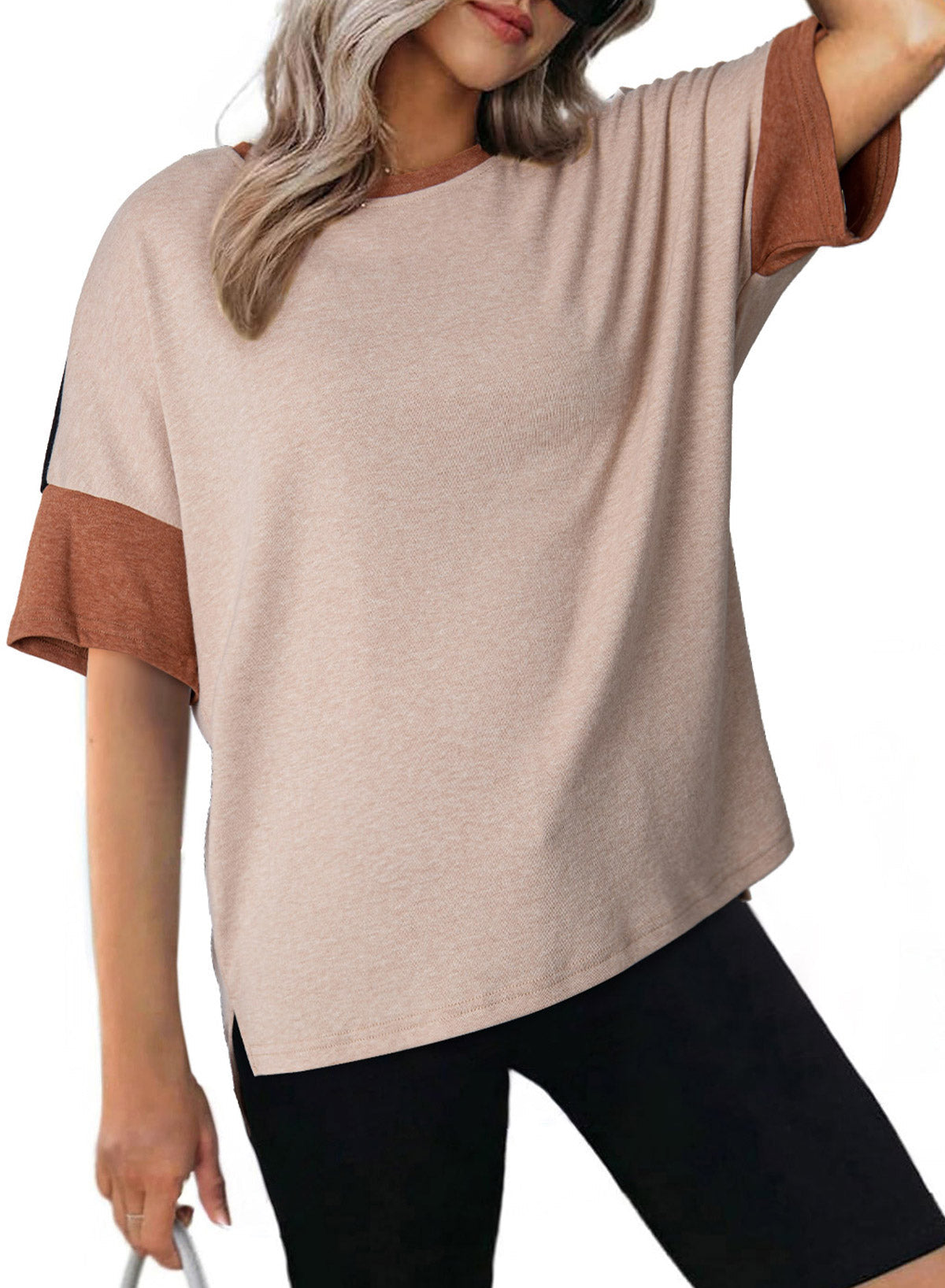 Dokotoo Womens Tops Oversized Trendy Shirts Color Block Crewneck Blouses