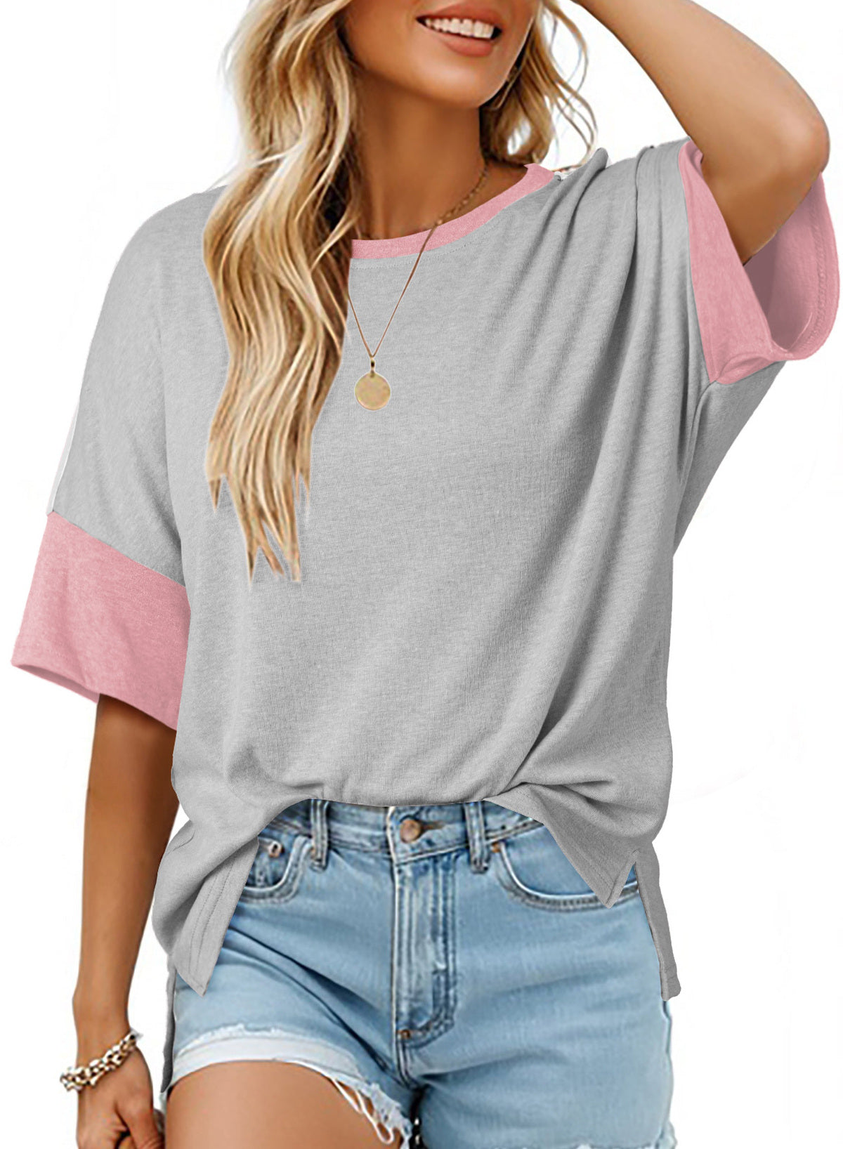 Dokotoo Womens Tops Oversized Trendy Shirts Color Block Crewneck Blouses