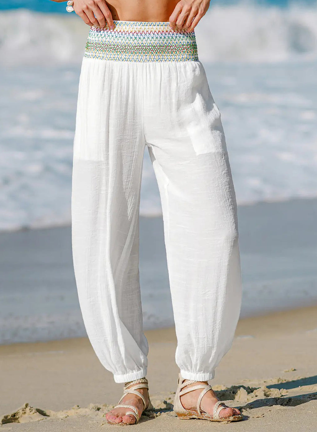 Dokotoo Beach Pants Women Smocked Waist Harem Boho Flowy Pants with Pockets