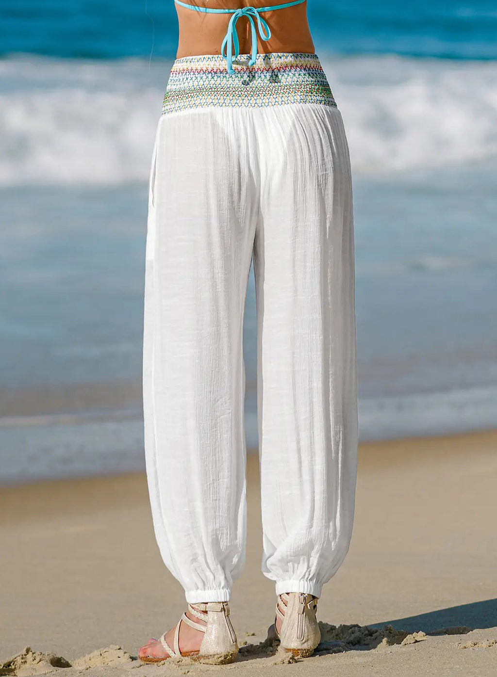 Dokotoo Beach Pants Women Smocked Waist Harem Boho Flowy Pants with Pockets