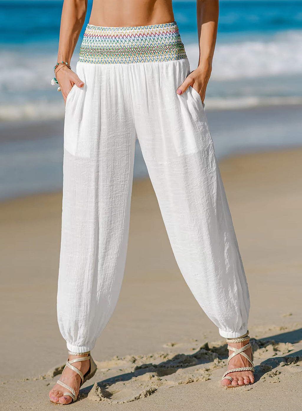 Dokotoo Beach Pants Women Smocked Waist Harem Boho Flowy Pants with Pockets