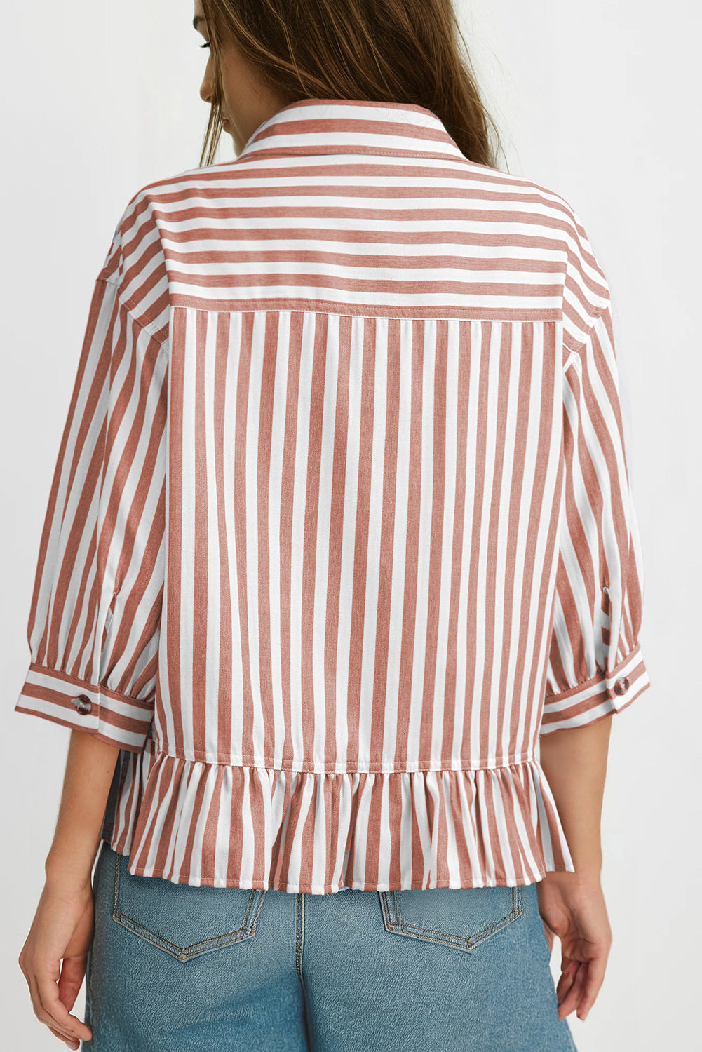 Womens Cropped Striped Button Down Shirts Ruffle 3/4 Length Sleeve Summer Tops Dressy Casual Blouses