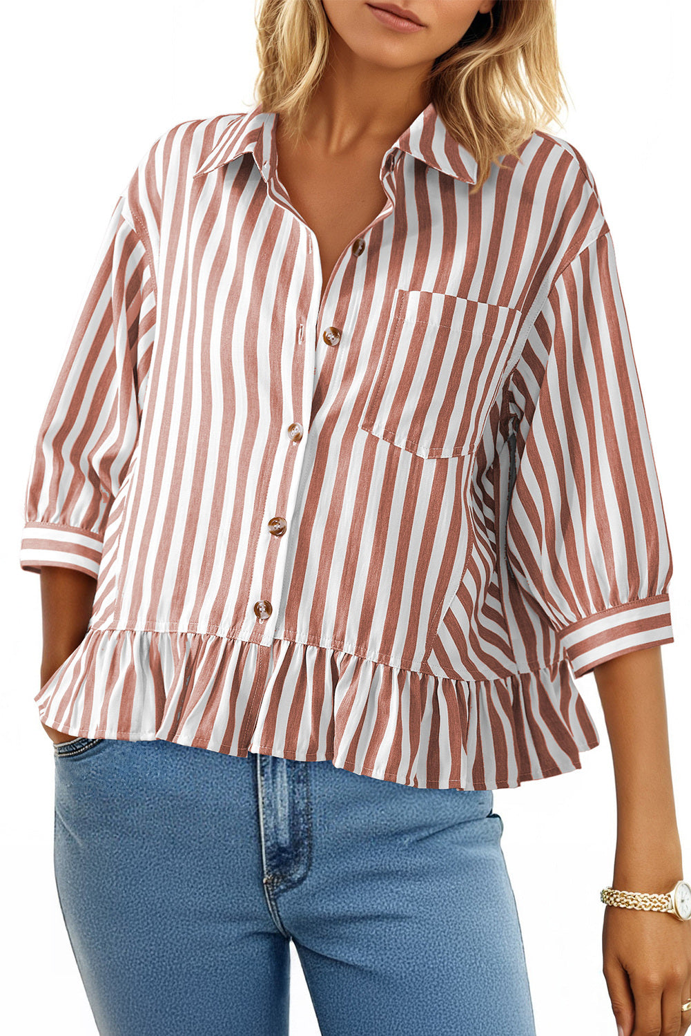 Womens Cropped Striped Button Down Shirts Ruffle 3/4 Length Sleeve Summer Tops Dressy Casual Blouses