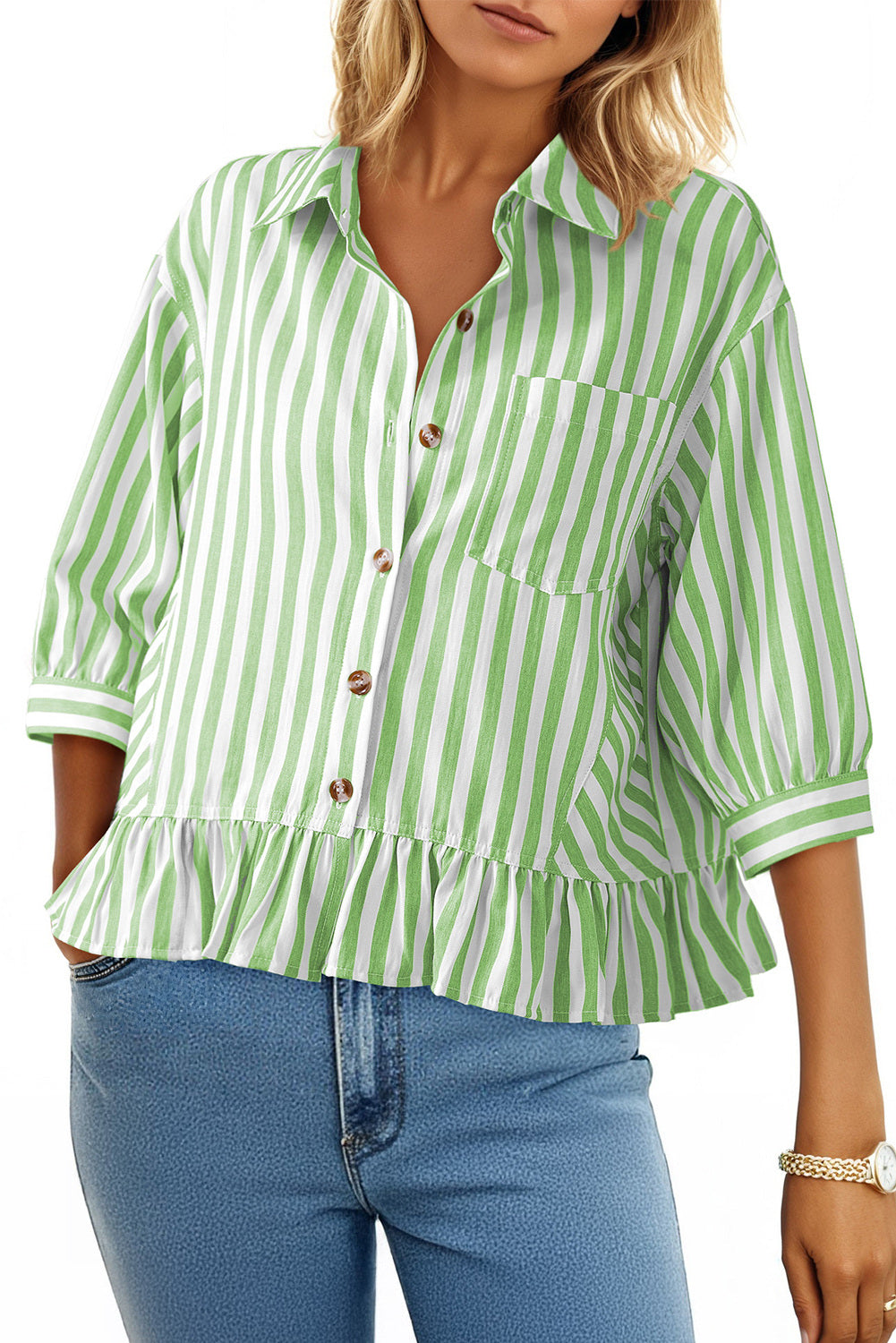 Womens Cropped Striped Button Down Shirts Ruffle 3/4 Length Sleeve Summer Tops Dressy Casual Blouses