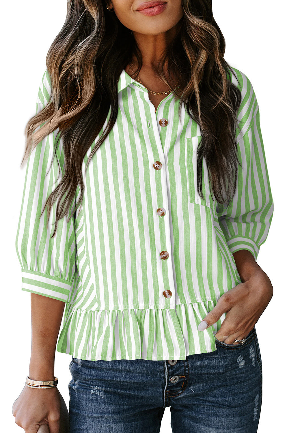Womens Cropped Striped Button Down Shirts Ruffle 3/4 Length Sleeve Summer Tops Dressy Casual Blouses