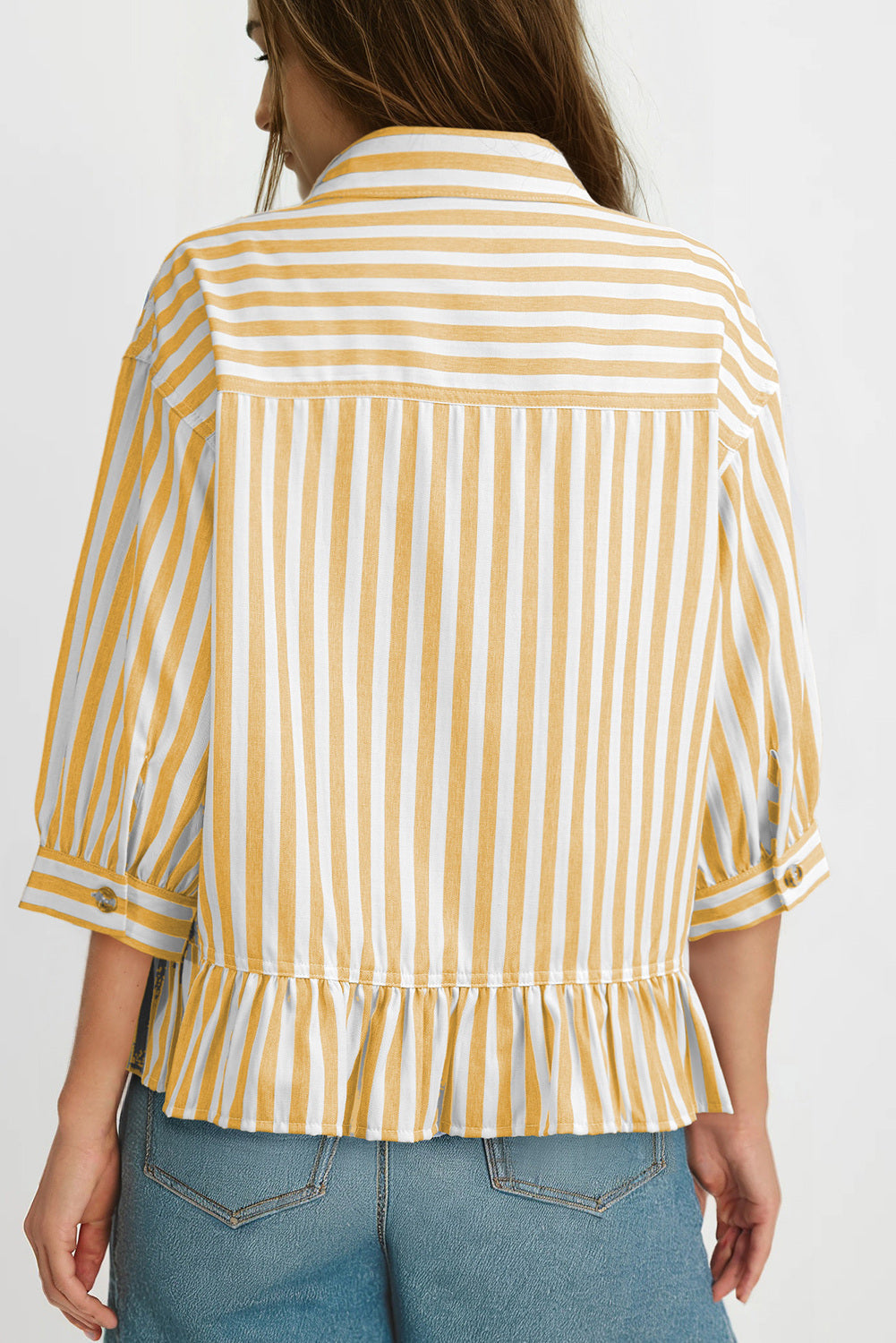 Womens Cropped Striped Button Down Shirts Ruffle 3/4 Length Sleeve Summer Tops Dressy Casual Blouses