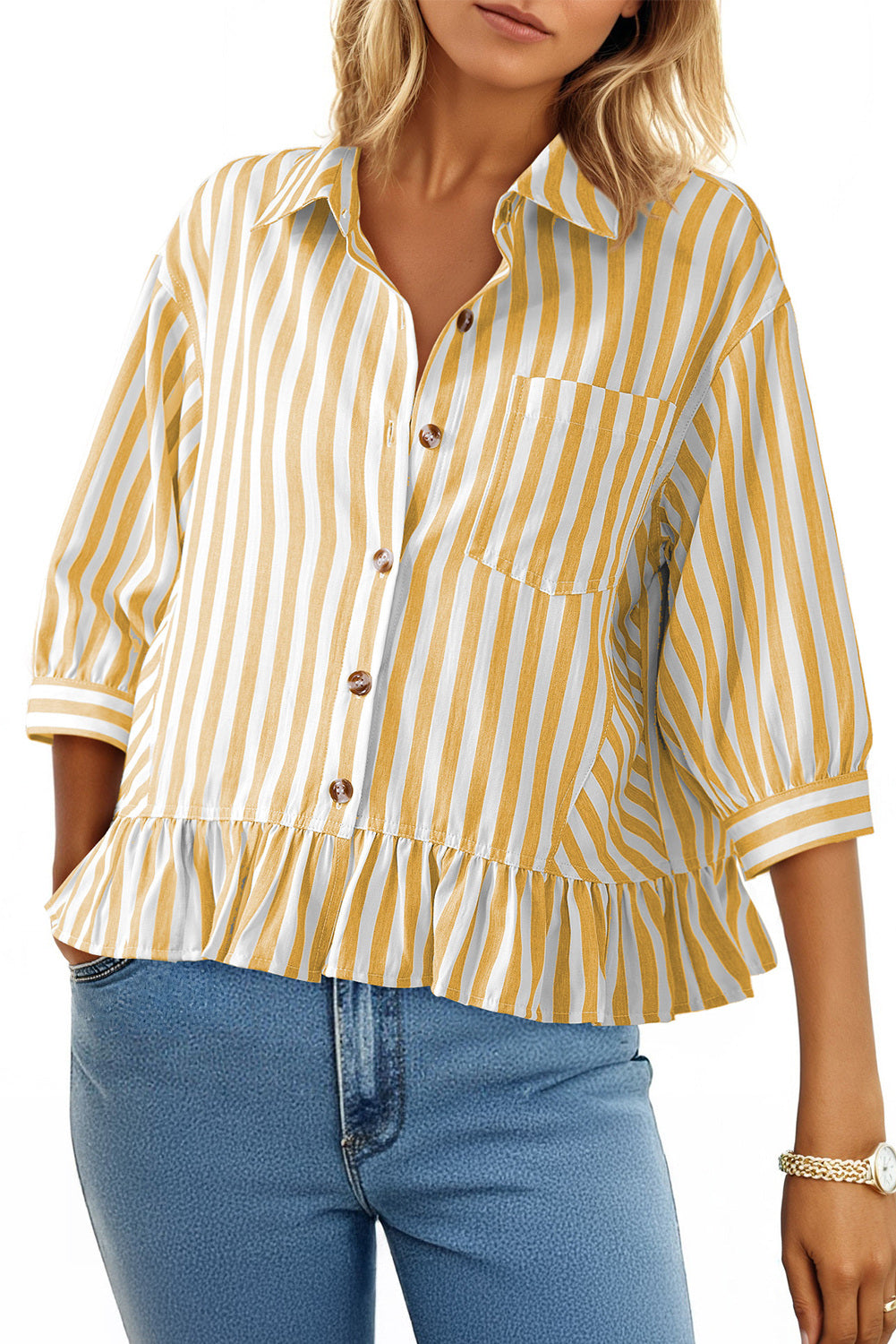Womens Cropped Striped Button Down Shirts Ruffle 3/4 Length Sleeve Summer Tops Dressy Casual Blouses