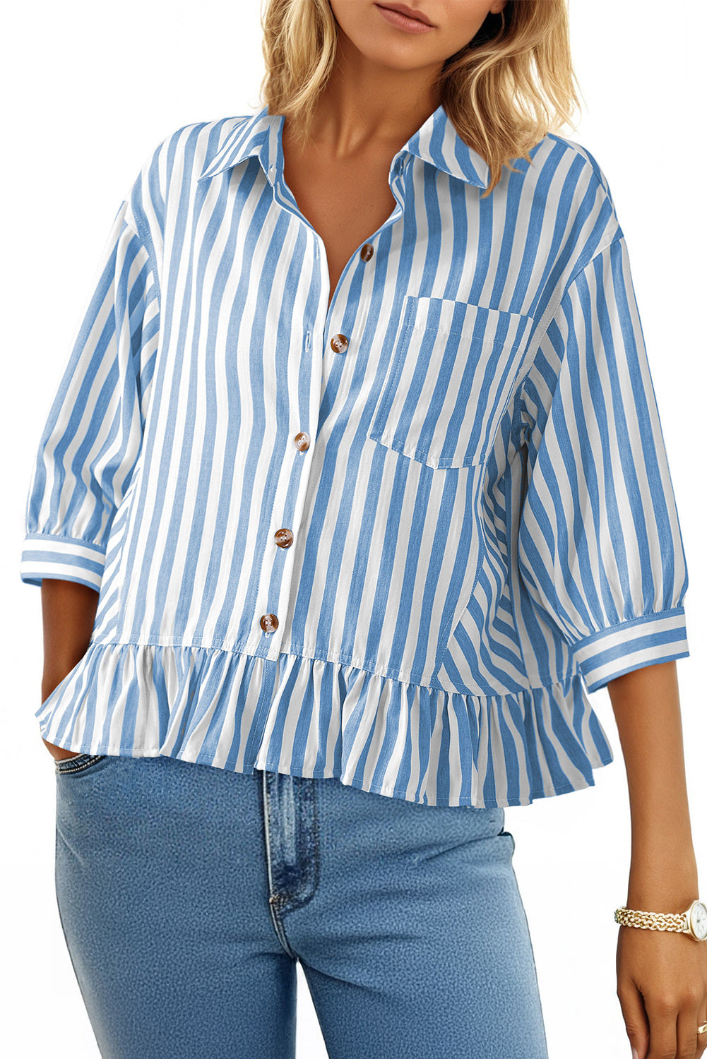 Womens Cropped Striped Button Down Shirts Ruffle 3/4 Length Sleeve Summer Tops Dressy Casual Blouses
