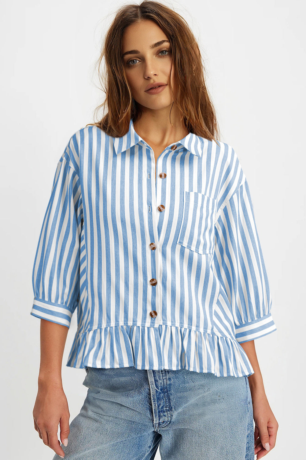 Womens Cropped Striped Button Down Shirts Ruffle 3/4 Length Sleeve Summer Tops Dressy Casual Blouses