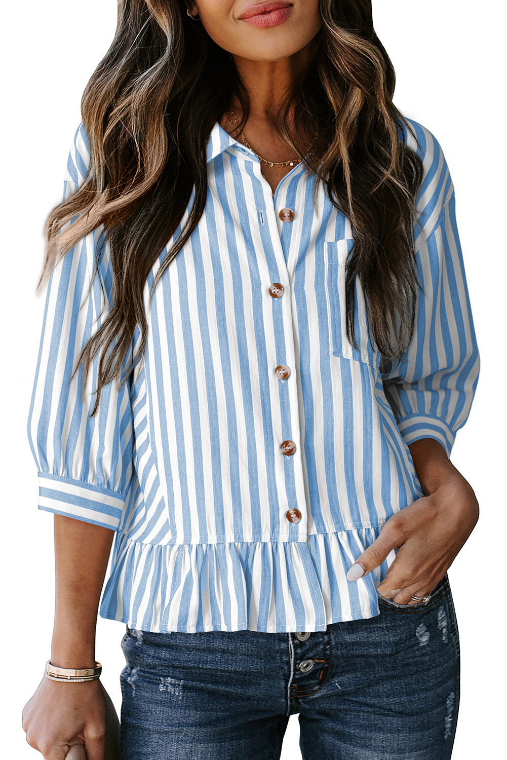 Womens Cropped Striped Button Down Shirts Ruffle 3/4 Length Sleeve Summer Tops Dressy Casual Blouses