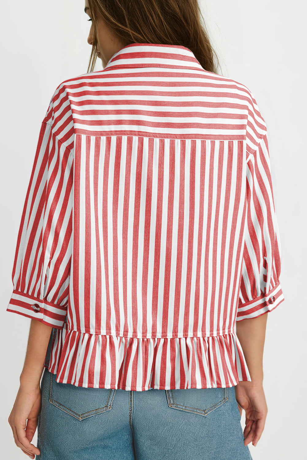 Womens Cropped Striped Button Down Shirts Ruffle 3/4 Length Sleeve Summer Tops Dressy Casual Blouses