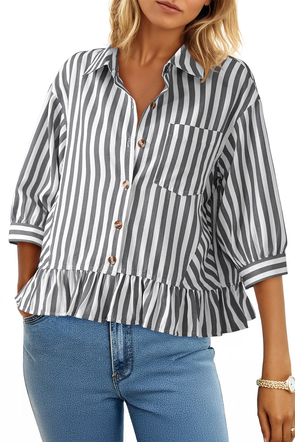 Womens Cropped Striped Button Down Shirts Ruffle 3/4 Length Sleeve Summer Tops Dressy Casual Blouses