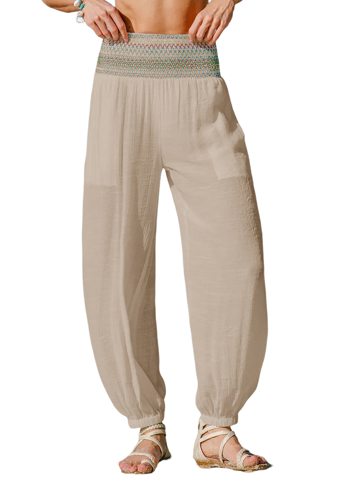 Dokotoo Beach Pants Women Smocked Waist Harem Boho Flowy Pants with Pockets