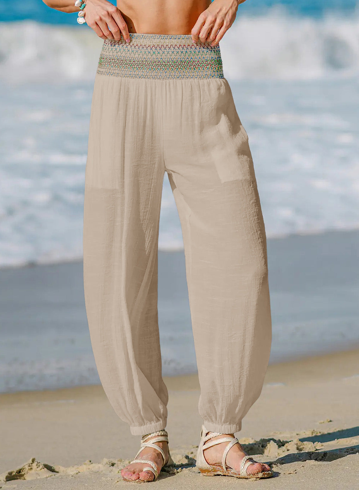 Dokotoo Beach Pants Women Smocked Waist Harem Boho Flowy Pants with Pockets