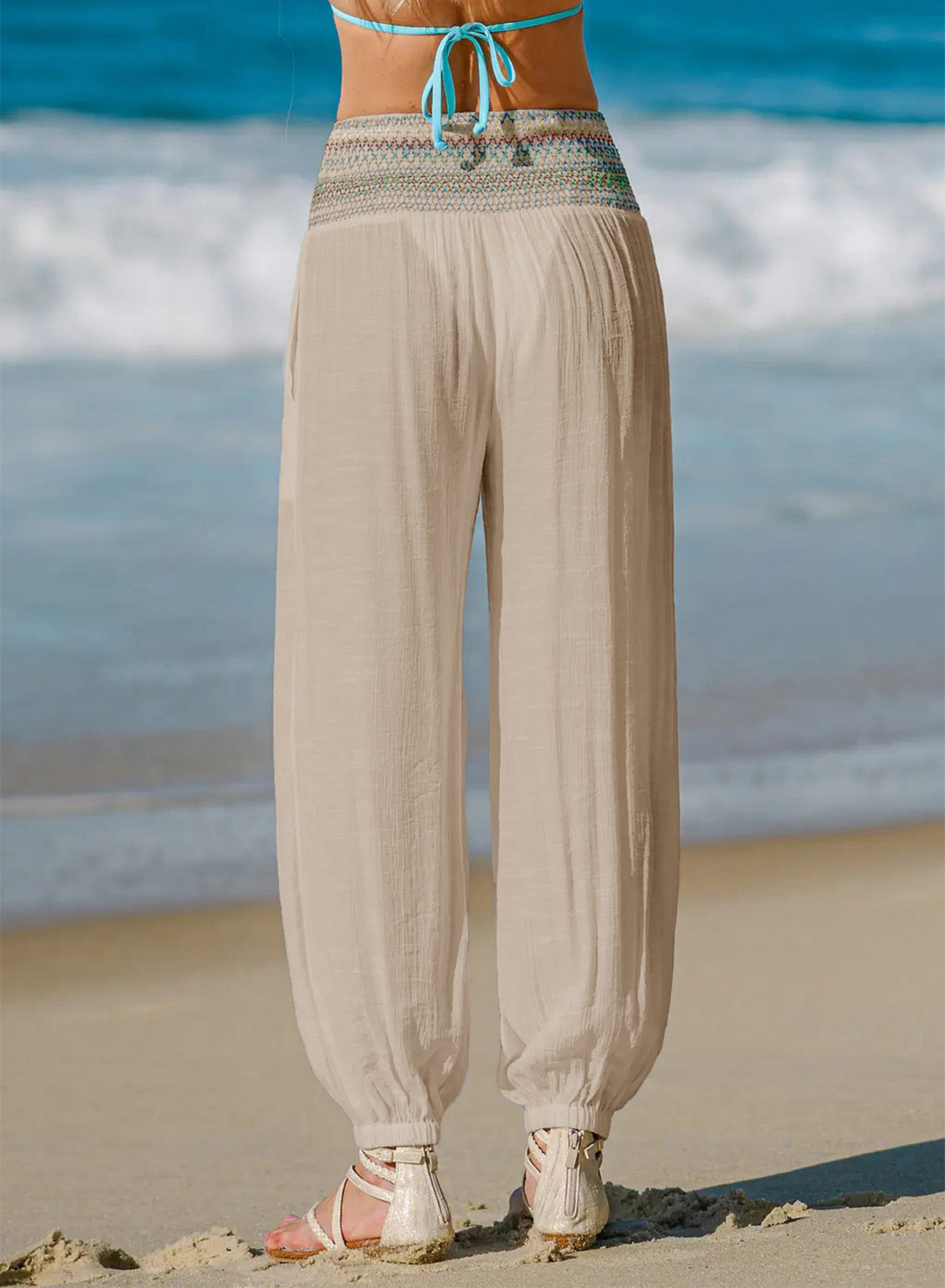 Dokotoo Beach Pants Women Smocked Waist Harem Boho Flowy Pants with Pockets