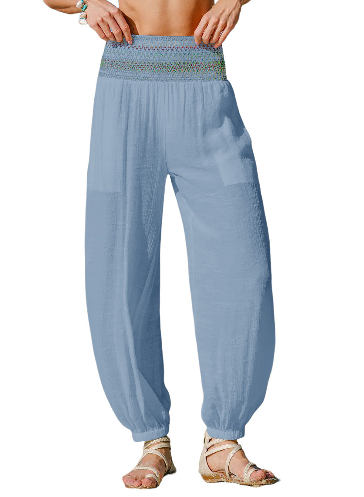 Dokotoo Beach Pants Women Smocked Waist Harem Boho Flowy Pants with Pockets