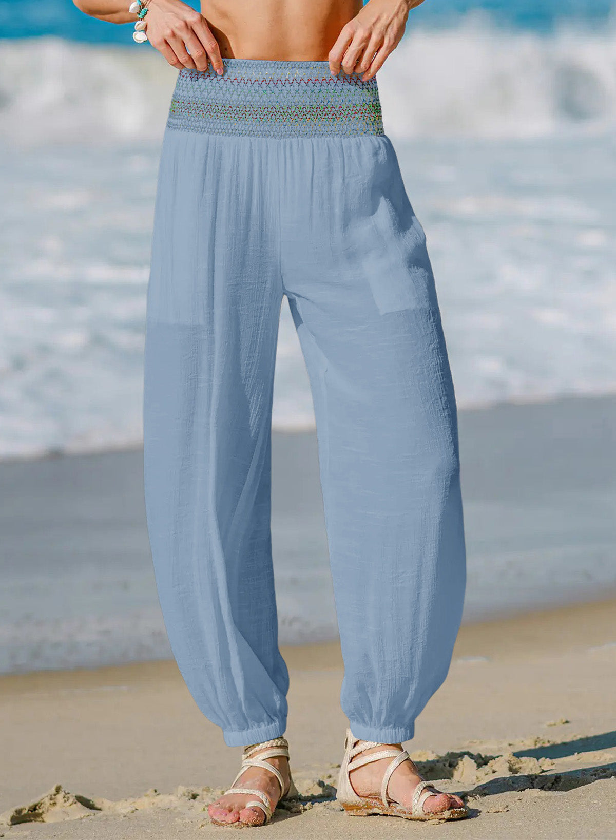 Dokotoo Beach Pants Women Smocked Waist Harem Boho Flowy Pants with Pockets