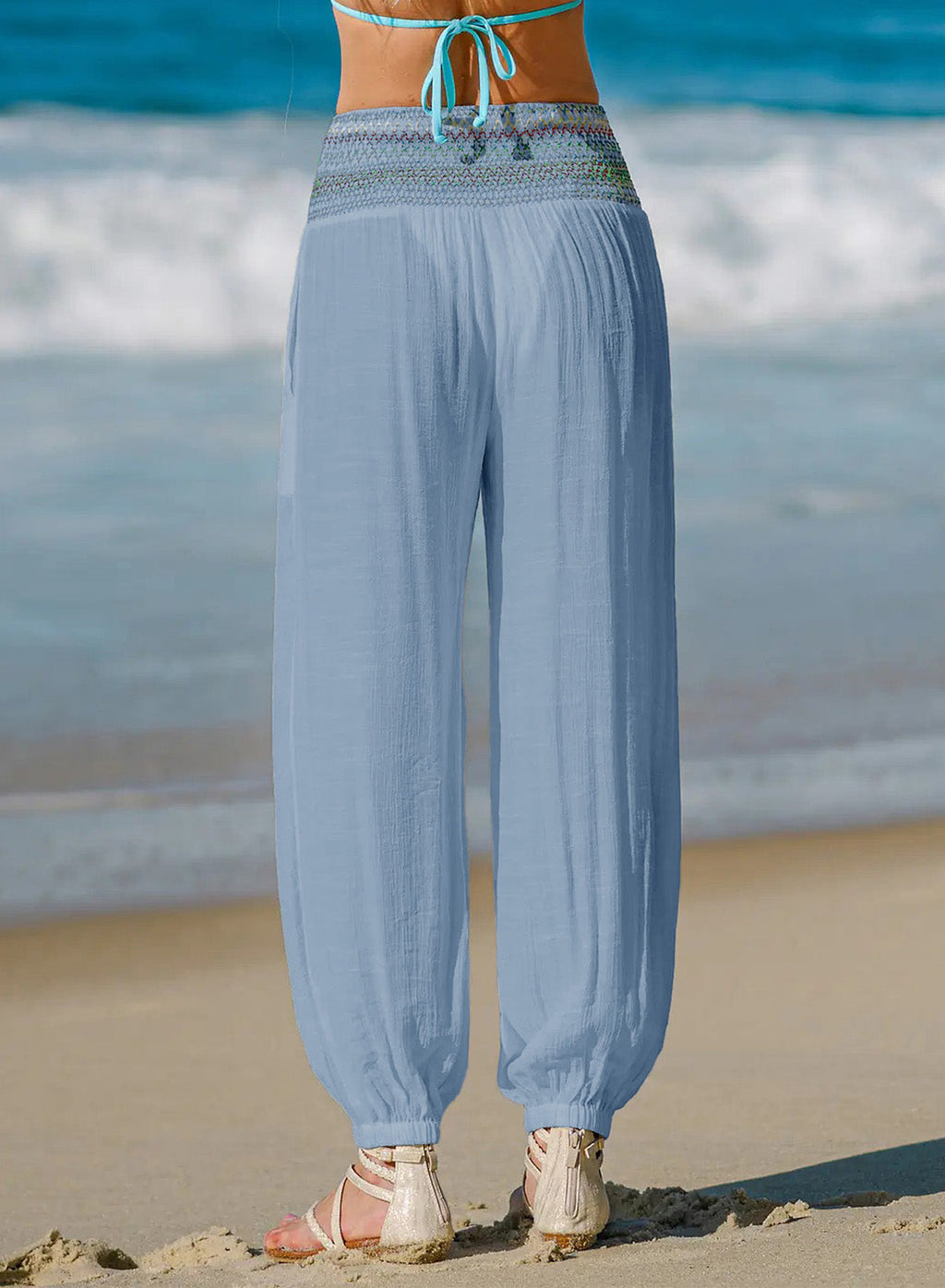 Dokotoo Beach Pants Women Smocked Waist Harem Boho Flowy Pants with Pockets