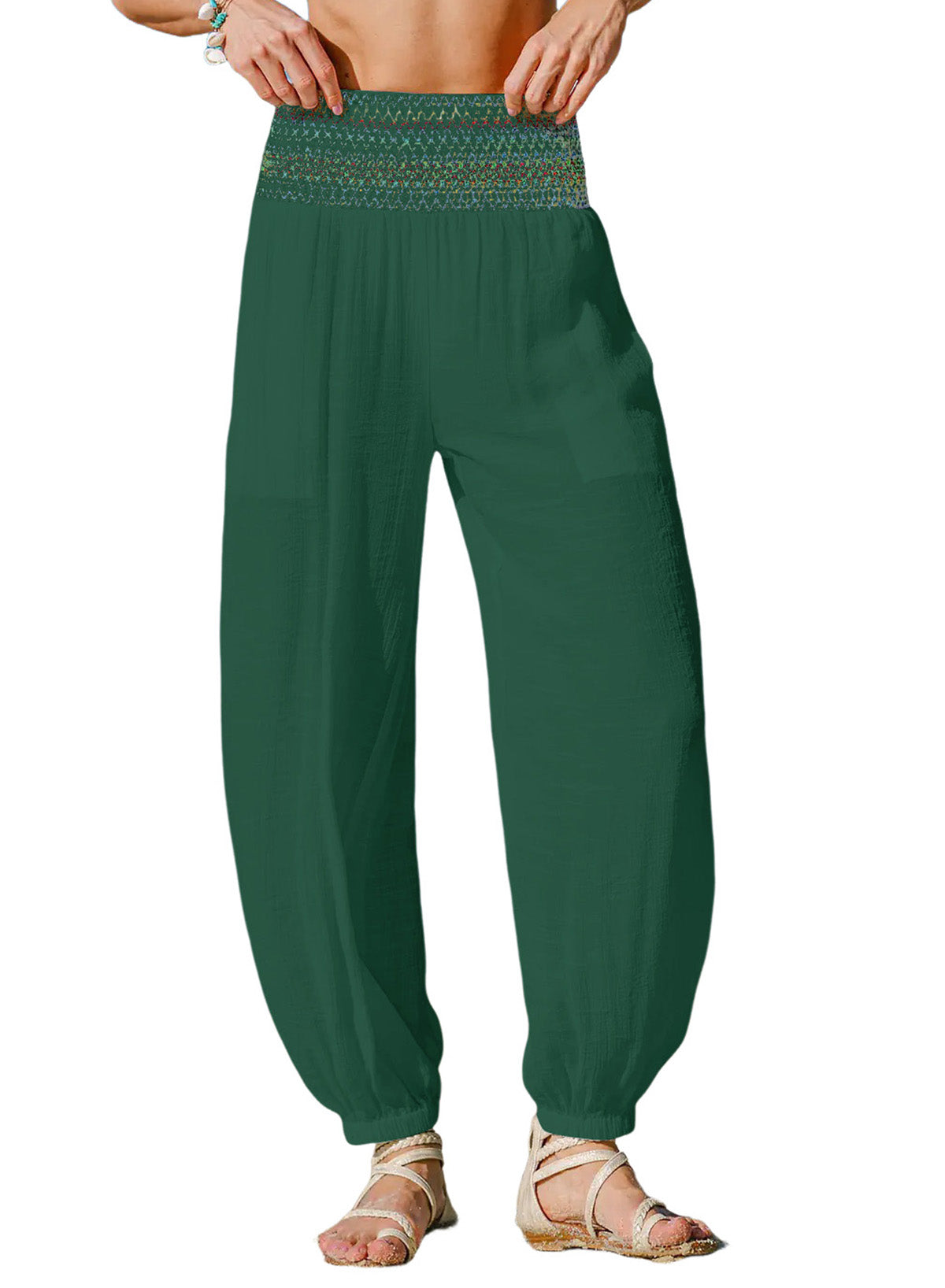 Dokotoo Beach Pants Women Smocked Waist Harem Boho Flowy Pants with Pockets