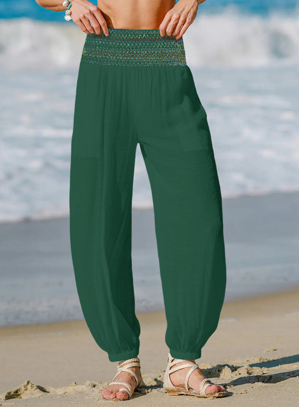 Dokotoo Beach Pants Women Smocked Waist Harem Boho Flowy Pants with Pockets