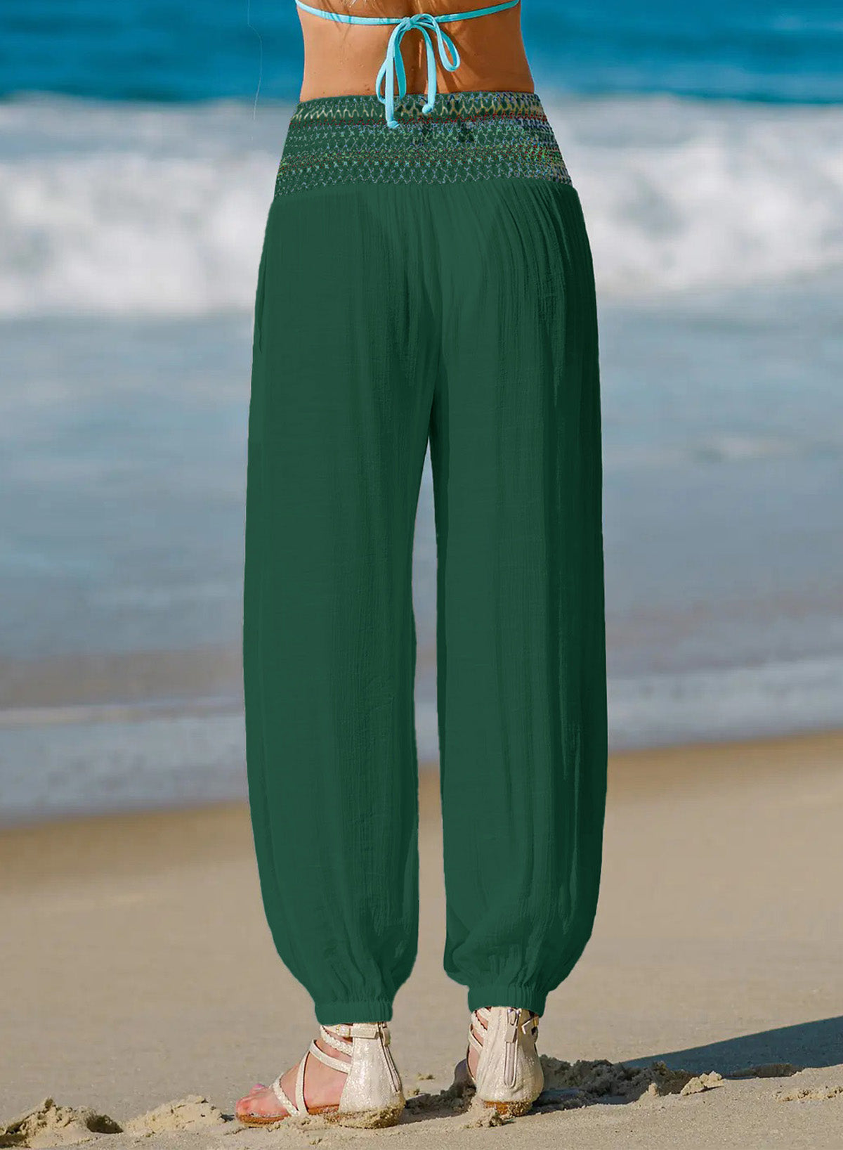 Dokotoo Beach Pants Women Smocked Waist Harem Boho Flowy Pants with Pockets