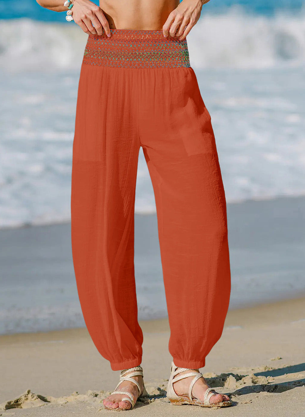 Dokotoo Beach Pants Women Smocked Waist Harem Boho Flowy Pants with Pockets