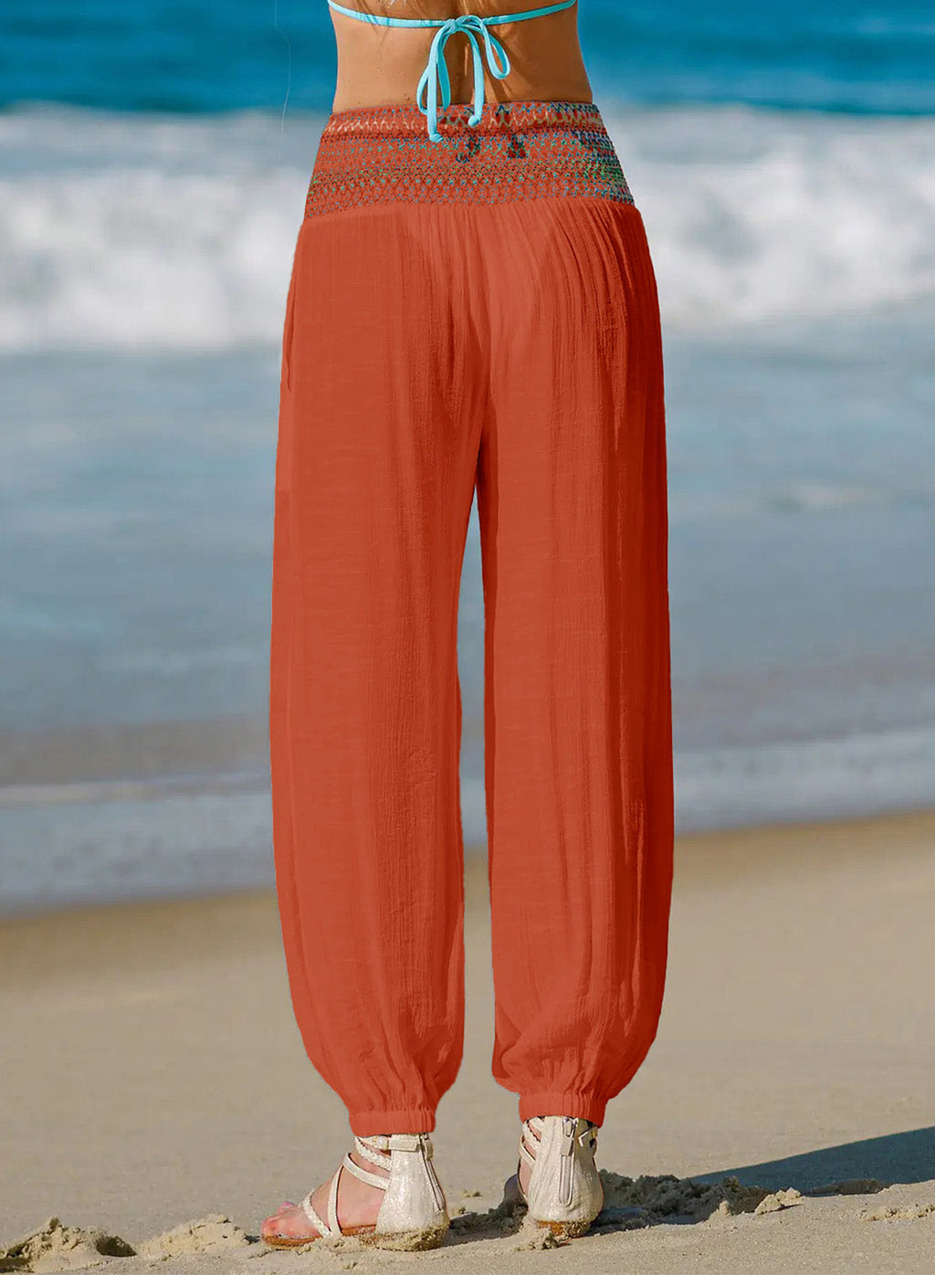 Dokotoo Beach Pants Women Smocked Waist Harem Boho Flowy Pants with Pockets