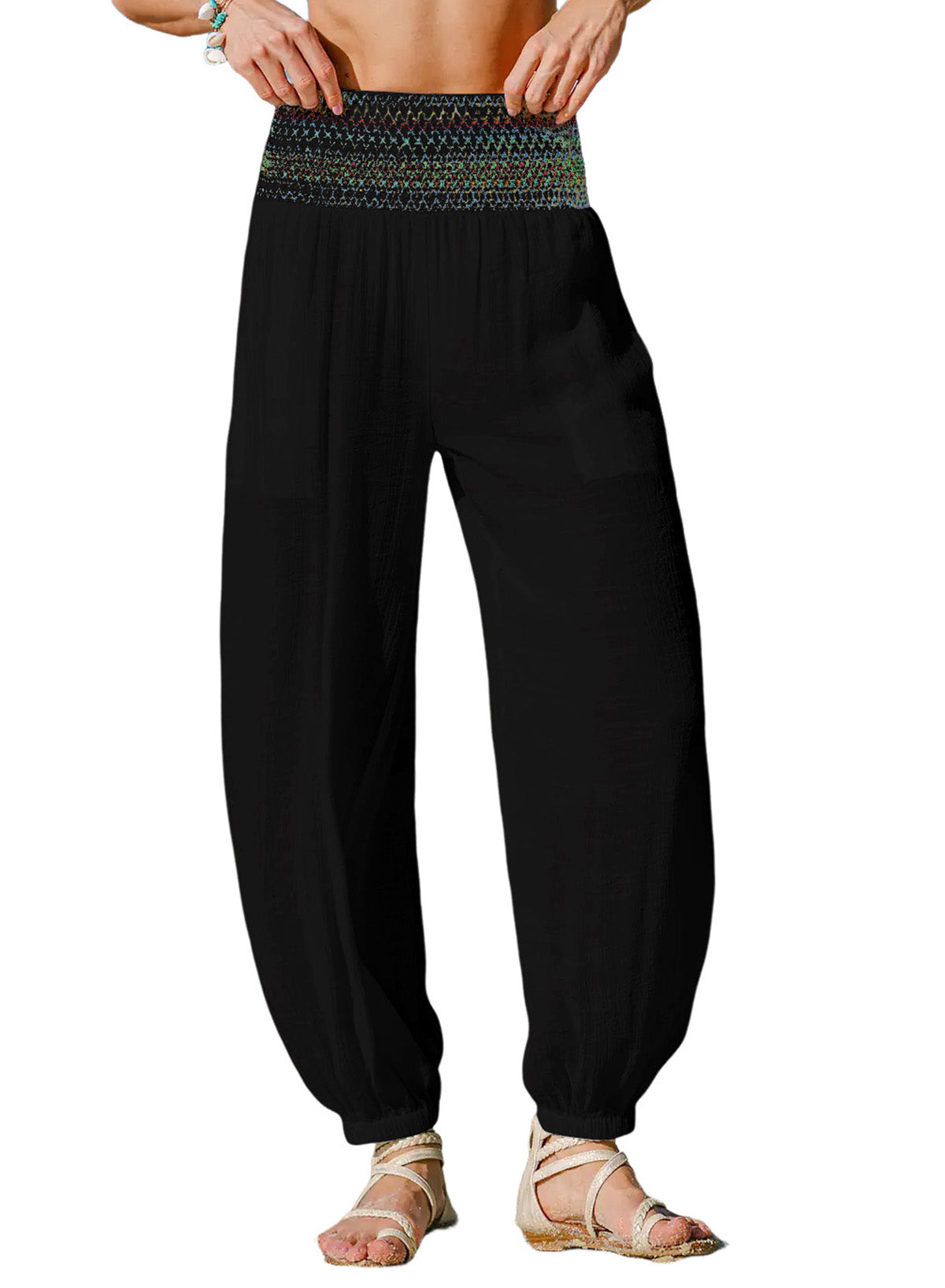 Dokotoo Beach Pants Women Smocked Waist Harem Boho Flowy Pants with Pockets