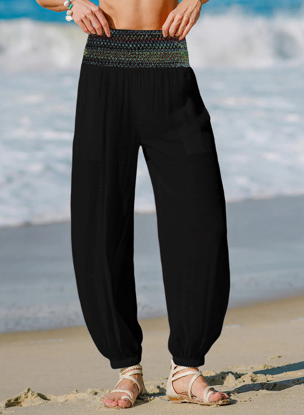 Dokotoo Beach Pants Women Smocked Waist Harem Boho Flowy Pants with Pockets