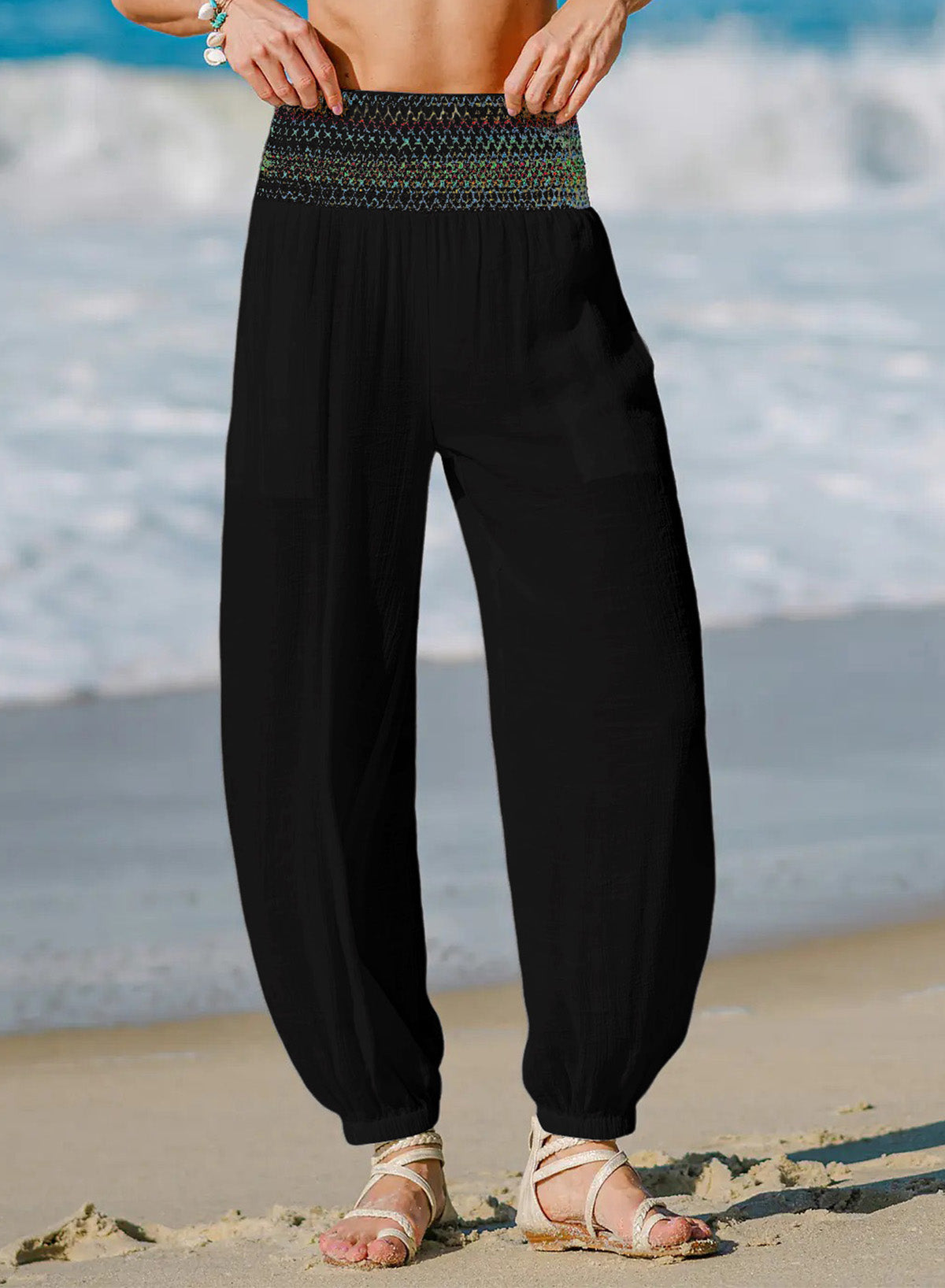 Dokotoo Beach Pants Women Smocked Waist Harem Boho Flowy Pants with Pockets