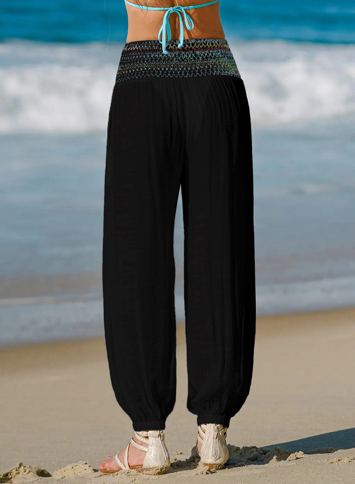 Dokotoo Beach Pants Women Smocked Waist Harem Boho Flowy Pants with Pockets