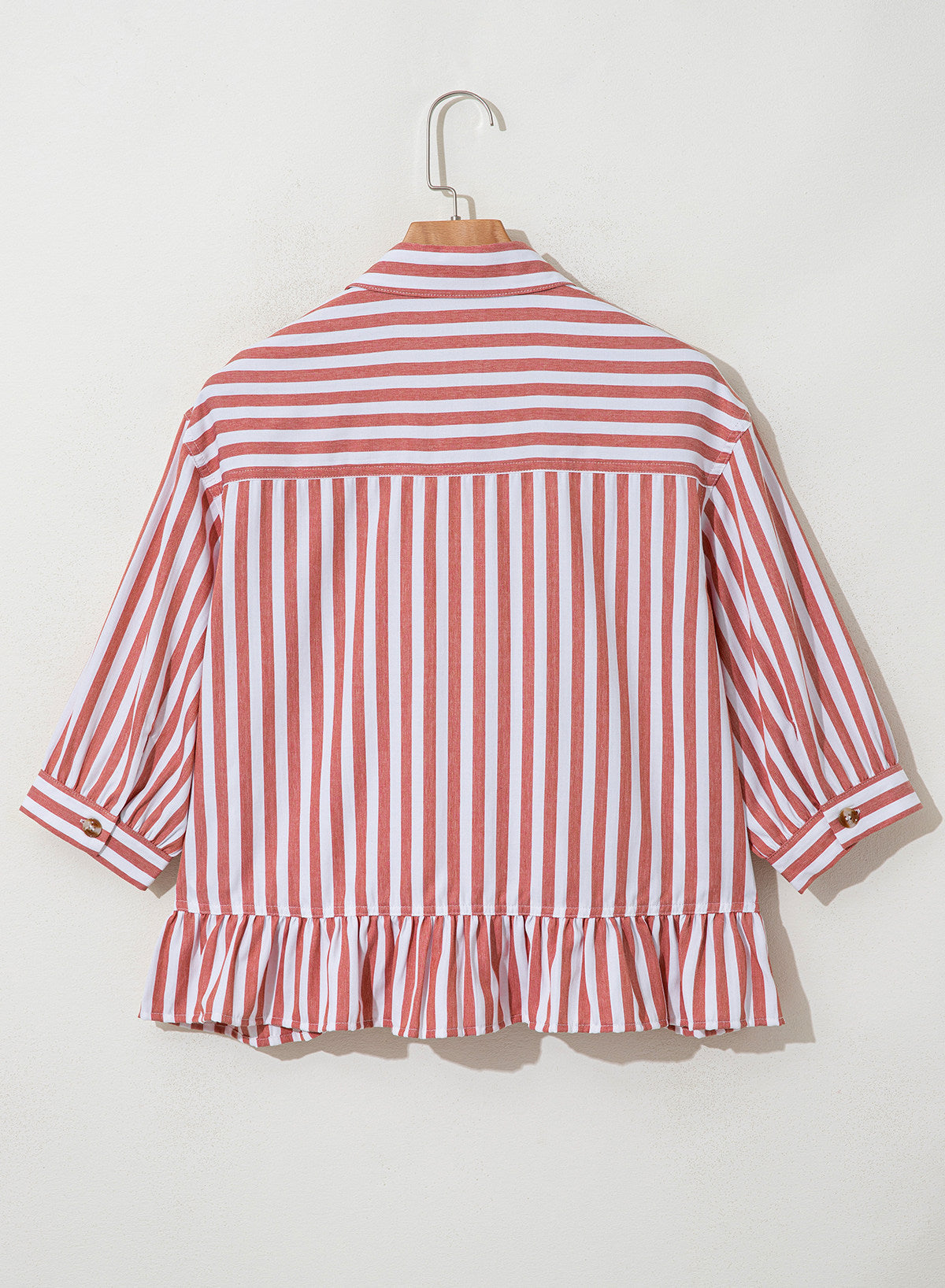 Womens Cropped Striped Button Down Shirts Ruffle 3/4 Length Sleeve Summer Tops Dressy Casual Blouses