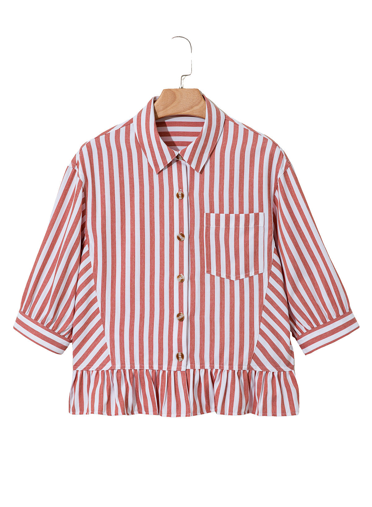 Womens Cropped Striped Button Down Shirts Ruffle 3/4 Length Sleeve Summer Tops Dressy Casual Blouses