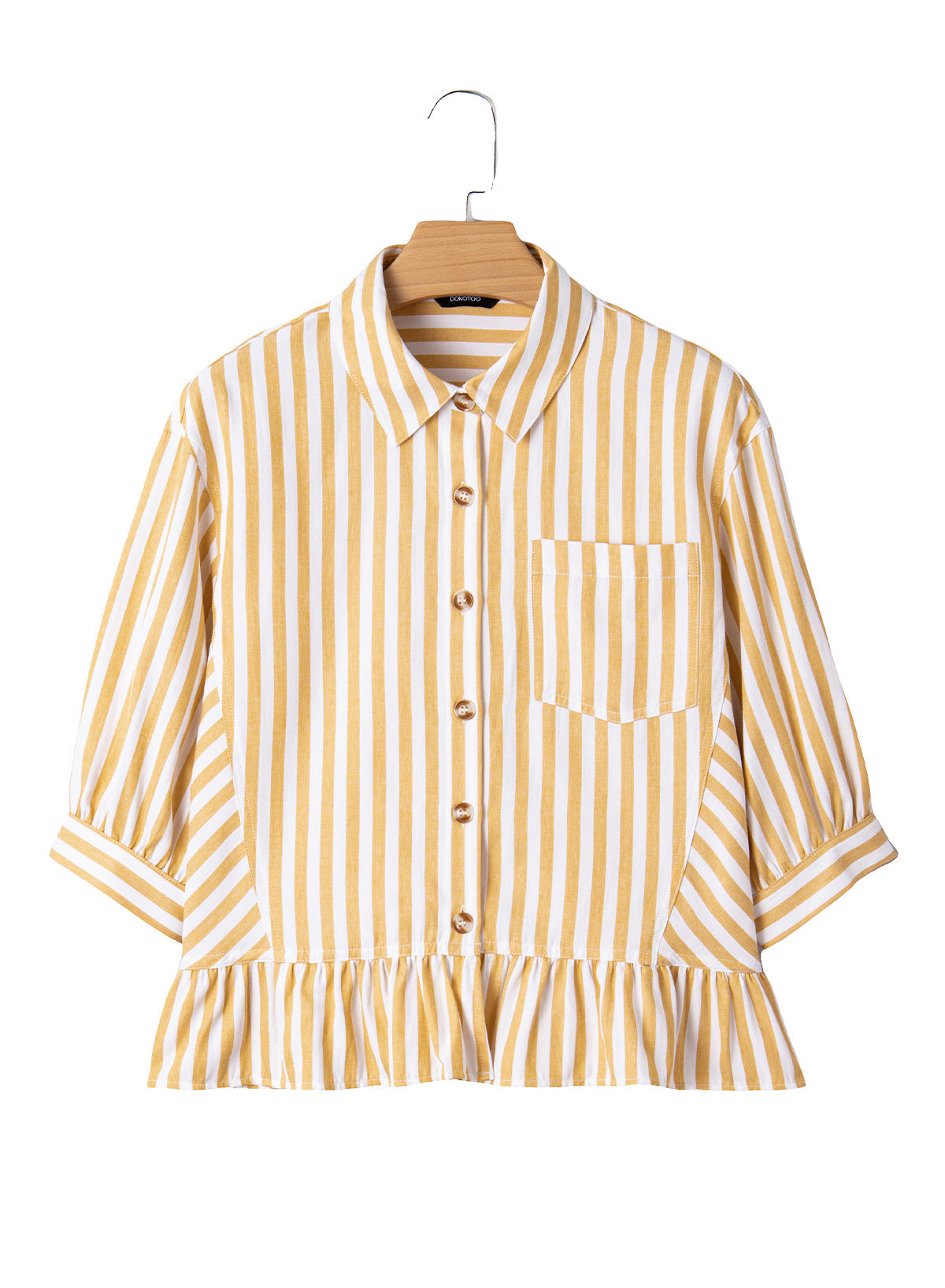 Womens Cropped Striped Button Down Shirts Ruffle 3/4 Length Sleeve Summer Tops Dressy Casual Blouses