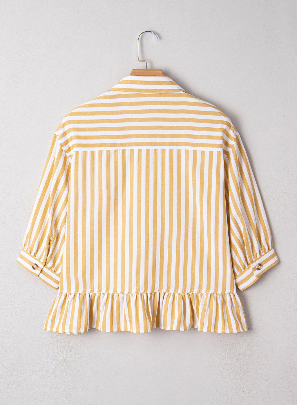 Womens Cropped Striped Button Down Shirts Ruffle 3/4 Length Sleeve Summer Tops Dressy Casual Blouses