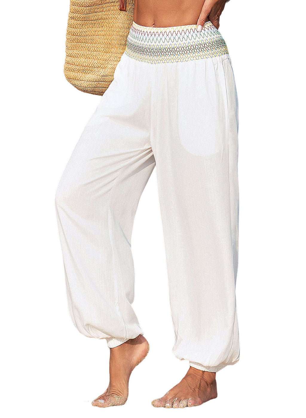 Dokotoo Beach Pants Women Smocked Waist Harem Boho Flowy Pants with Pockets