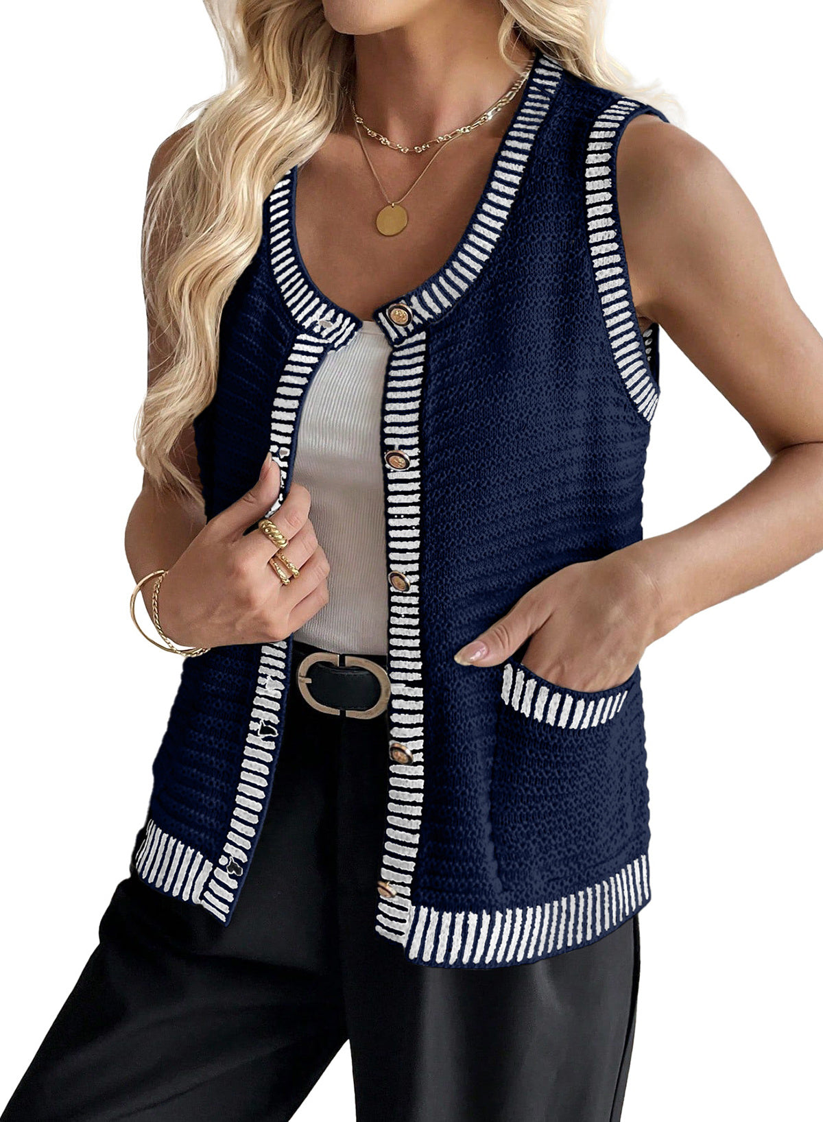 Contrast Trim Button Down Round Neck Sleeveless Knit Cardigans
