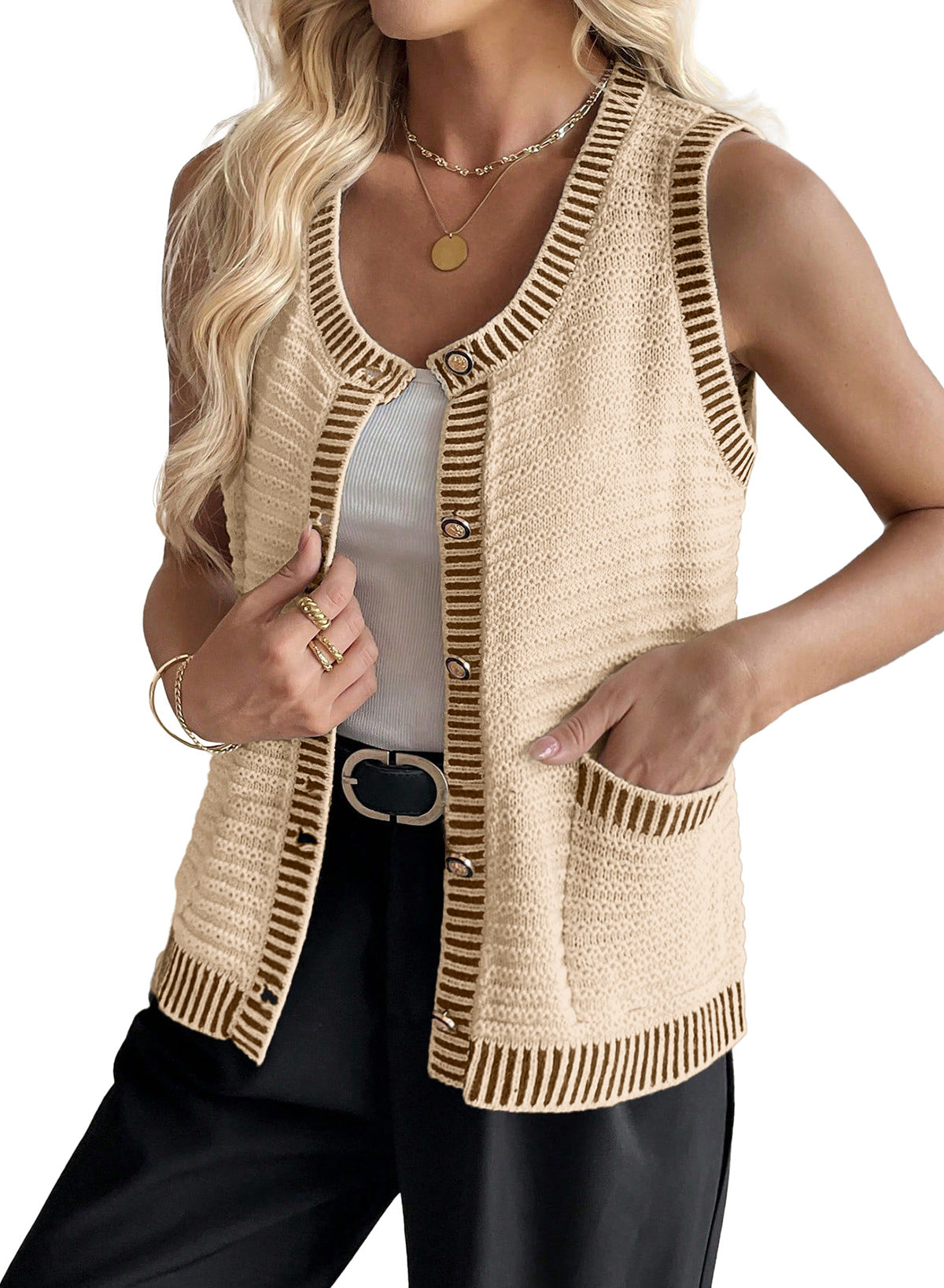 Contrast Trim Button Down Round Neck Sleeveless Knit Cardigans