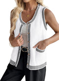 Contrast Trim Button Down Round Neck Sleeveless Knit Cardigans