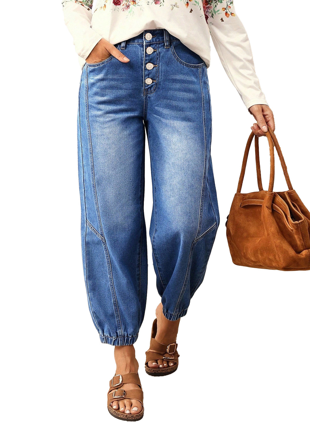 Buttons Front Tapered Casual Loose Fit Jeans