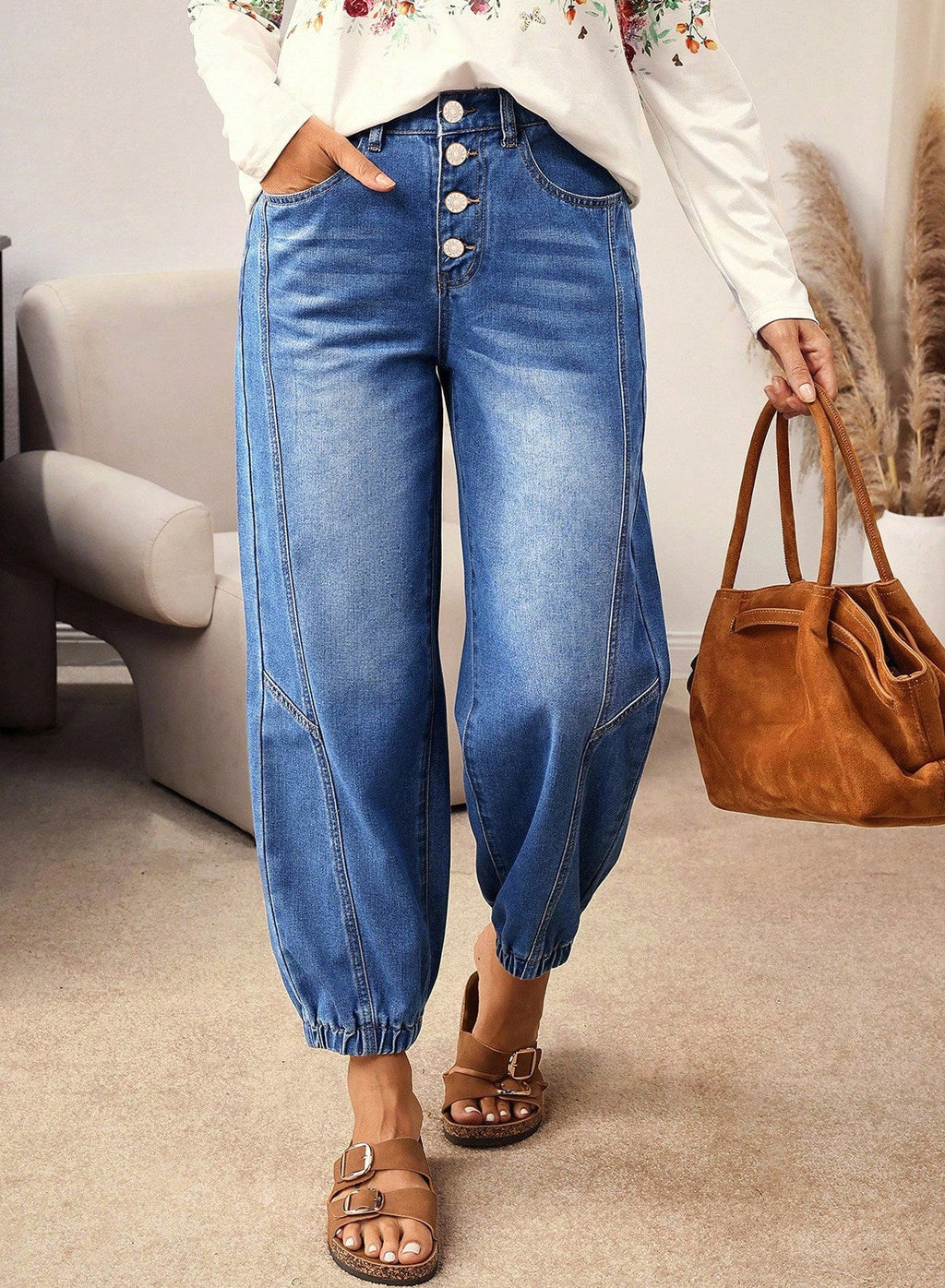 Buttons Front Tapered Casual Loose Fit Jeans