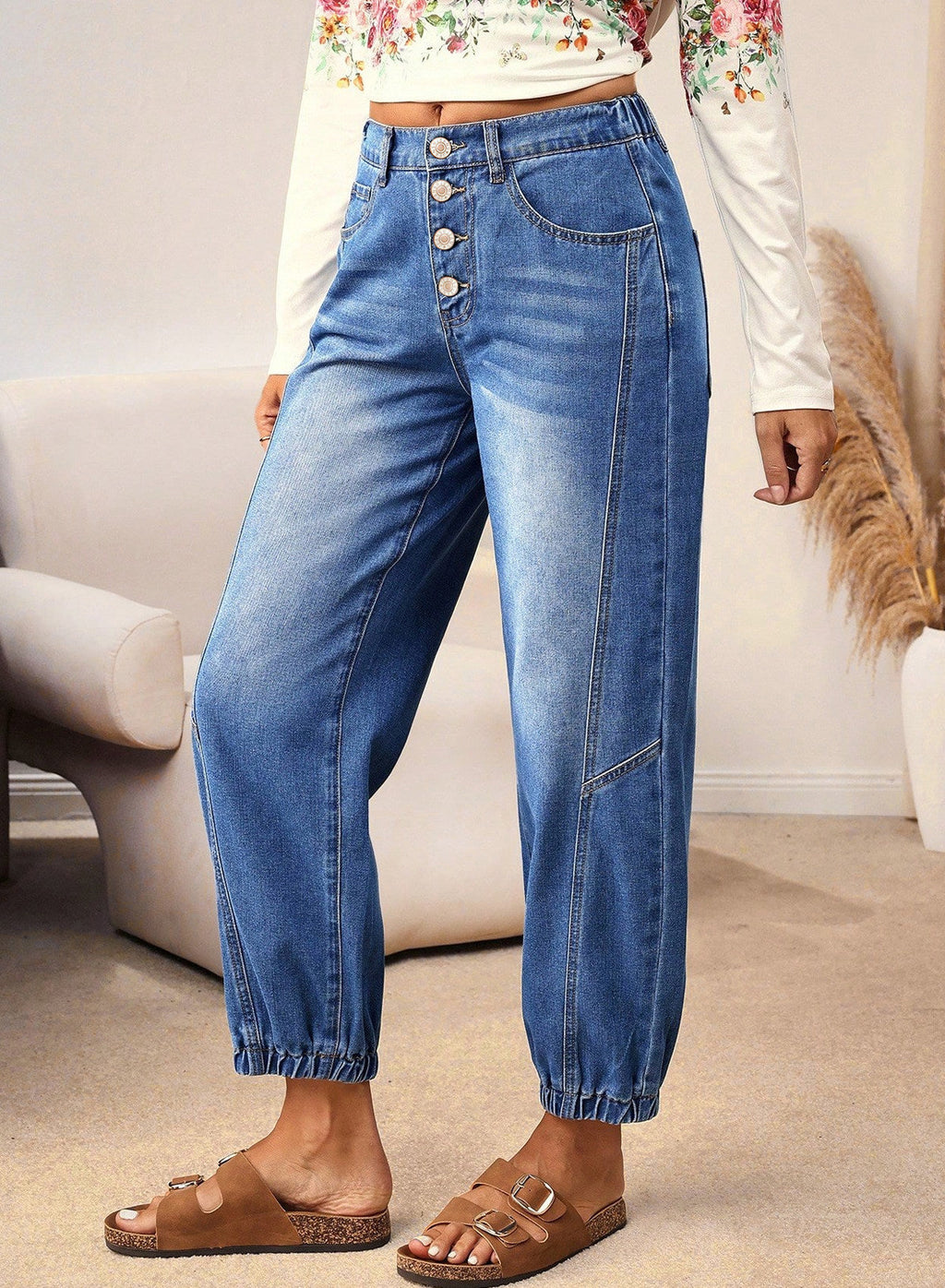 Buttons Front Tapered Casual Loose Fit Jeans