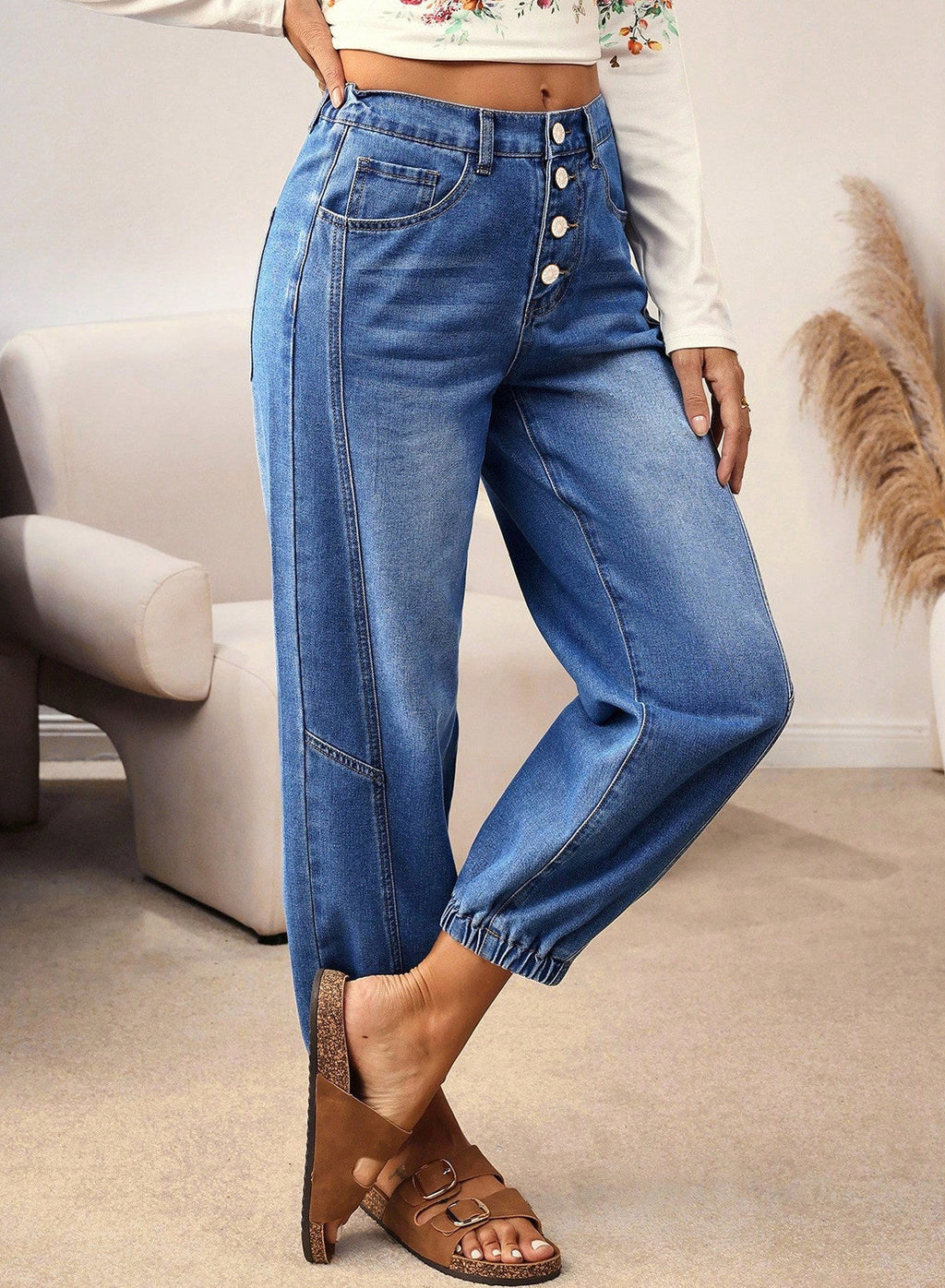 Buttons Front Tapered Casual Loose Fit Jeans
